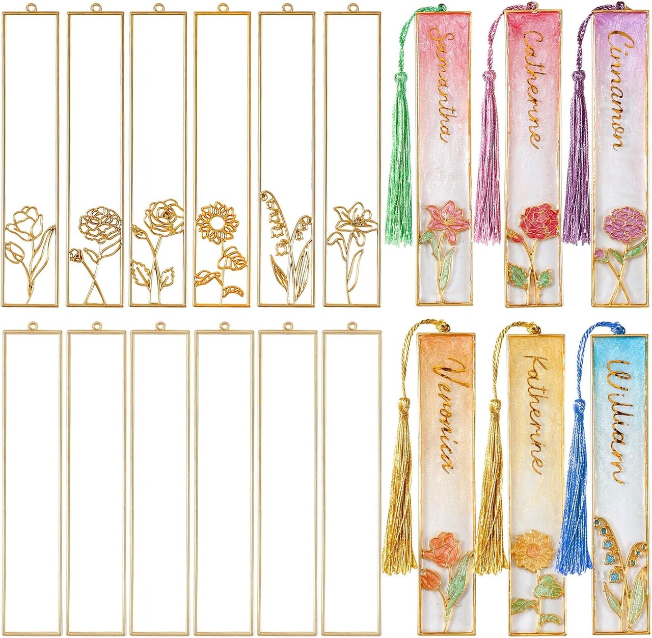 LET'S RESIN 12pcs Bookmark Bezels with Tassels, UV Resin Molds for DIY Bookmarks(6 Flowers and 6 Blank Frames), Resin Craft Bezels Bookmark Molds for Mother's Day Gifts